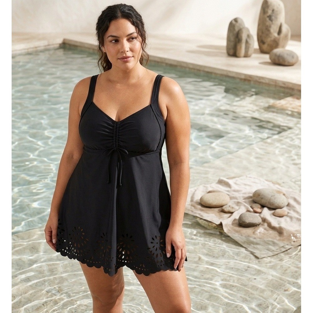 BloomChic Black Laser Cut Eyelet Swim Dress Adjustable Strap Padded US 10 NEW